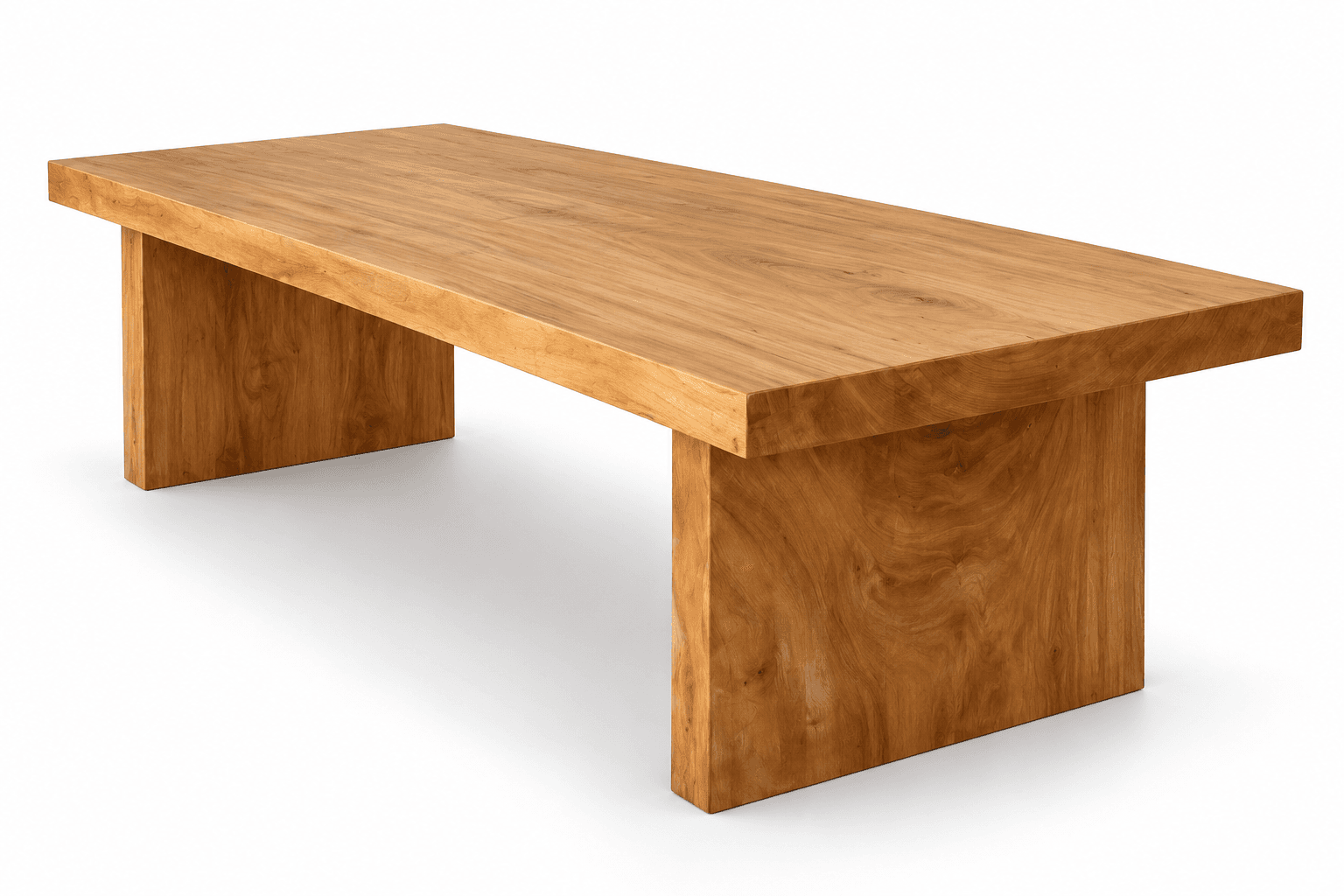 A low-lying rectangular table constructed entirely from solid wood, featuring a thick tabletop supported by two substantial slab legs. The wood exhibits a natural, warm light brown tone with prominent grain patterns. — 3D model