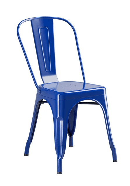 A blue metal chair with a curved backrest and a perforated seat. The chair has four tapered legs and… — free GLB 3D model