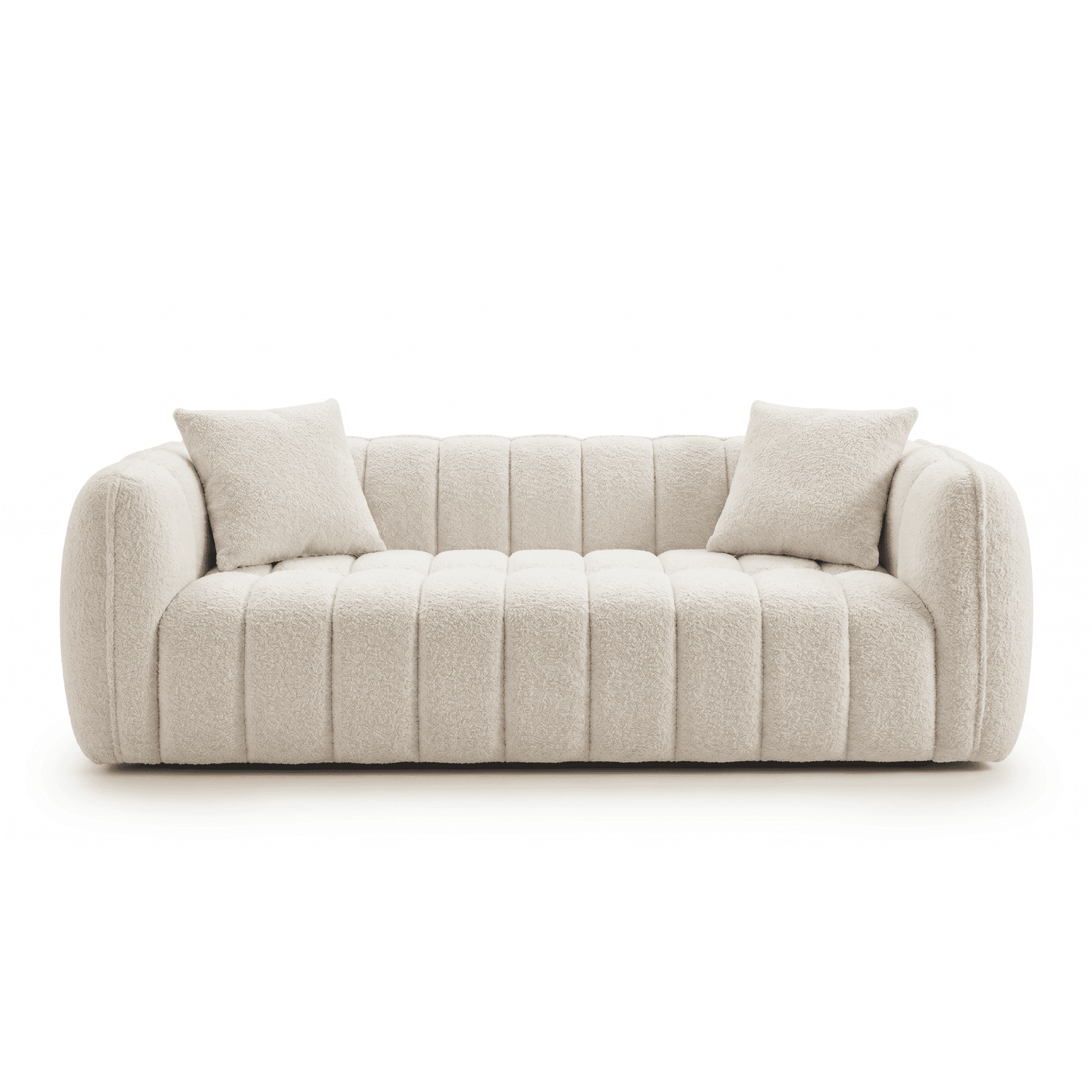 A contemporary off-white boucle channel-tufted sofa with rounded arms and two matching throw pillows… — 3D model