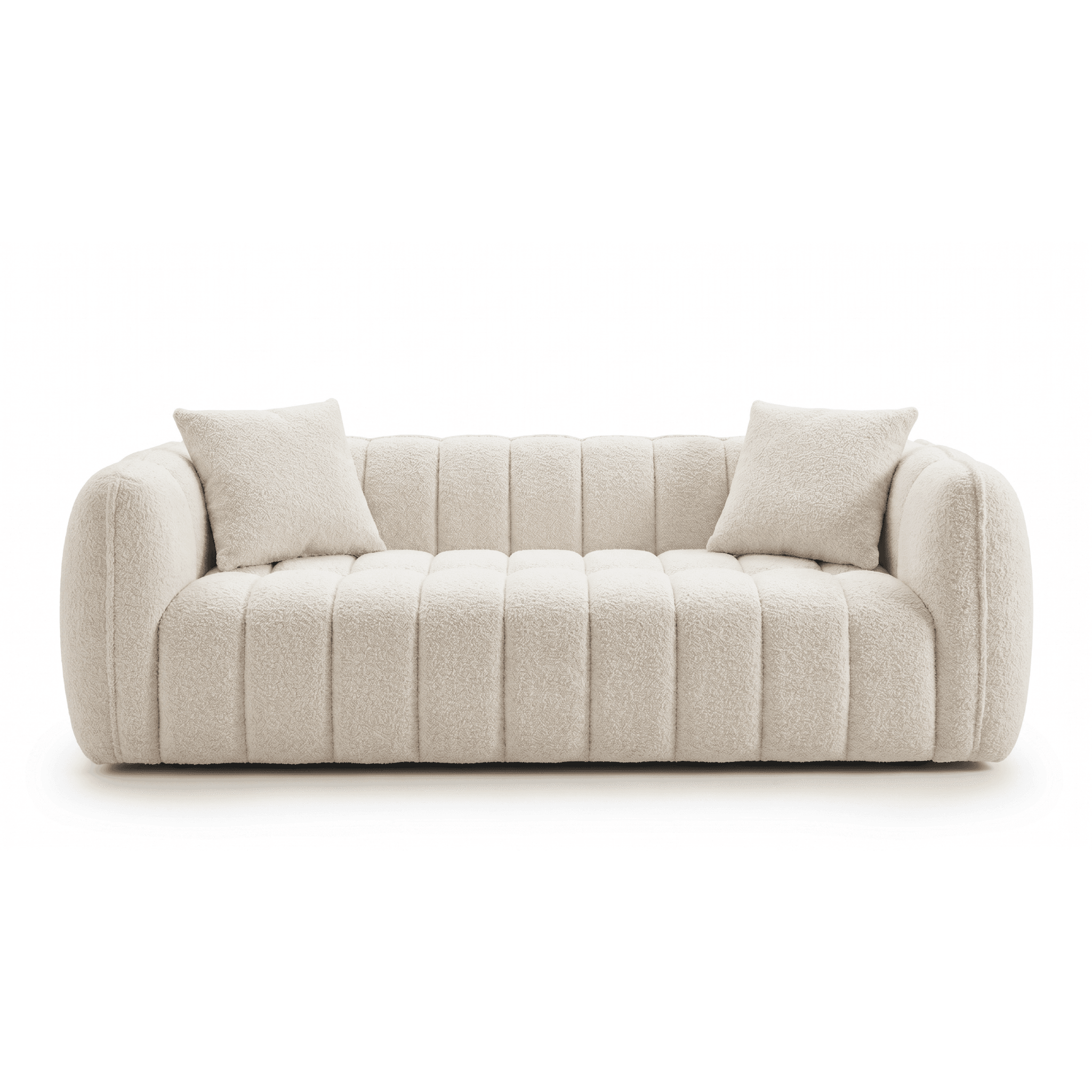 A contemporary off-white boucle channel-tufted sofa with rounded arms and two matching throw pillows. — 3D model