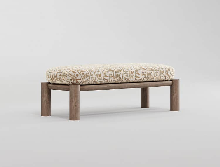 A rectangular bench with a wooden frame and a cushioned top. The wooden frame consists of four cylin… — 3D model