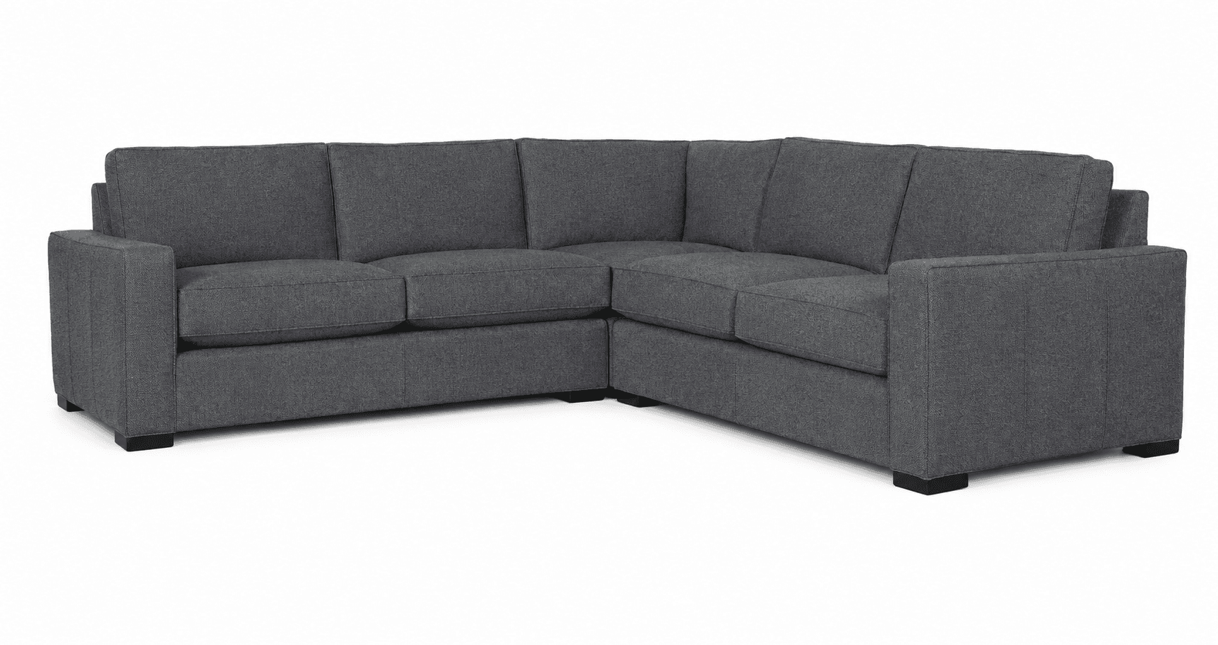 A contemporary L-shaped sectional sofa upholstered in a dark gray textured fabric, featuring clean lines, block arms, and multiple loose seat and back cushions resting on low-profile dark feet. — 3D model