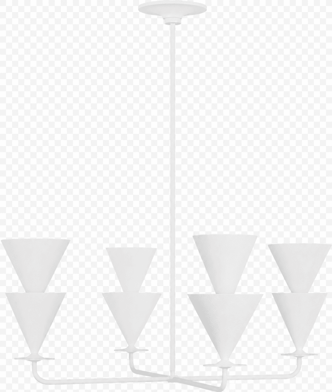 A white, multi-arm chandelier with a central stem and a canopy. It features eight conical light shades arranged in four pairs, with two pairs on opposite sides of the central support. The design is minimalist and geometric. — 3D model