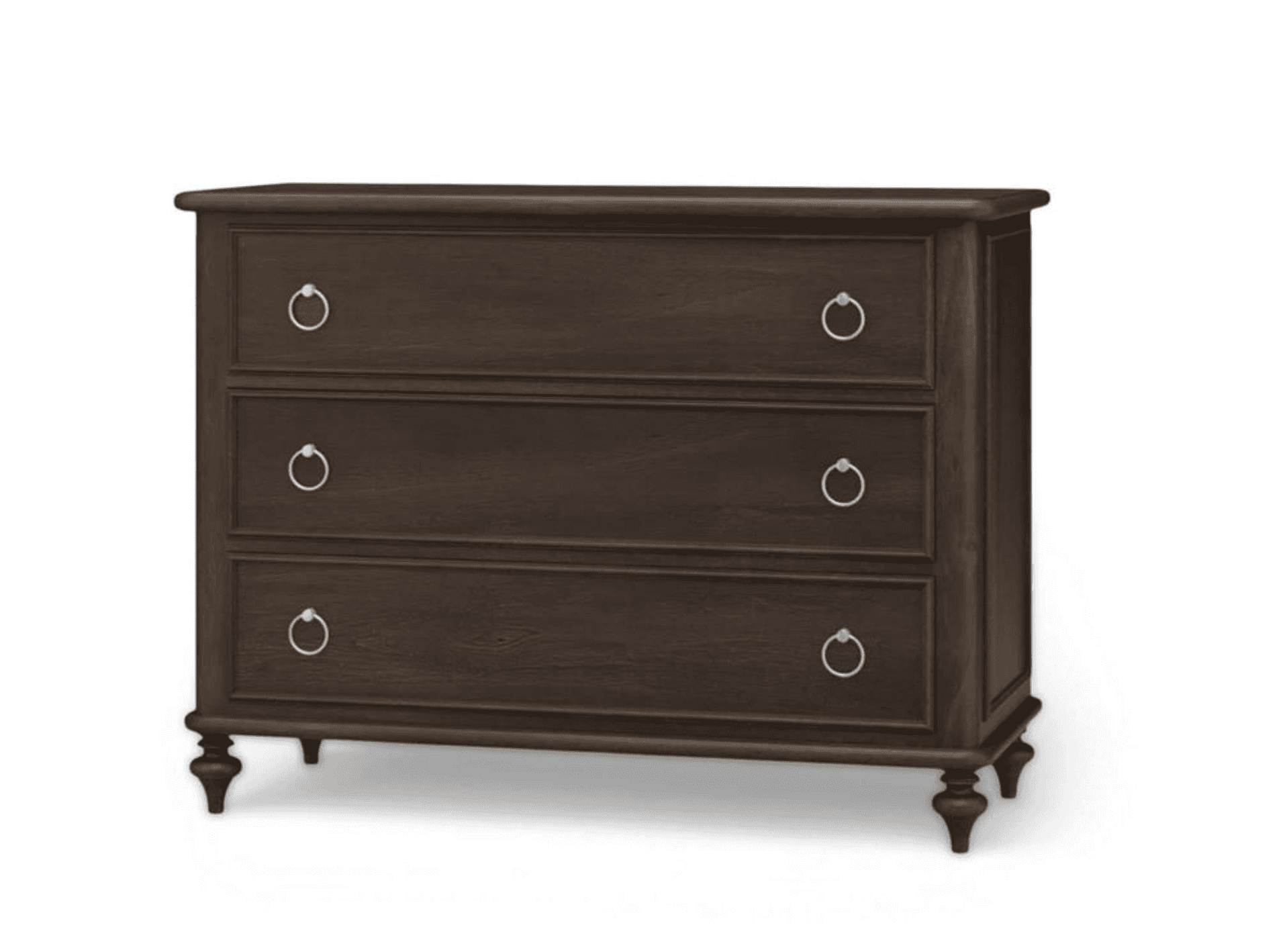 A dark brown wooden chest of drawers featuring three drawers, each adorned with a circular brass-ton… — 3D model