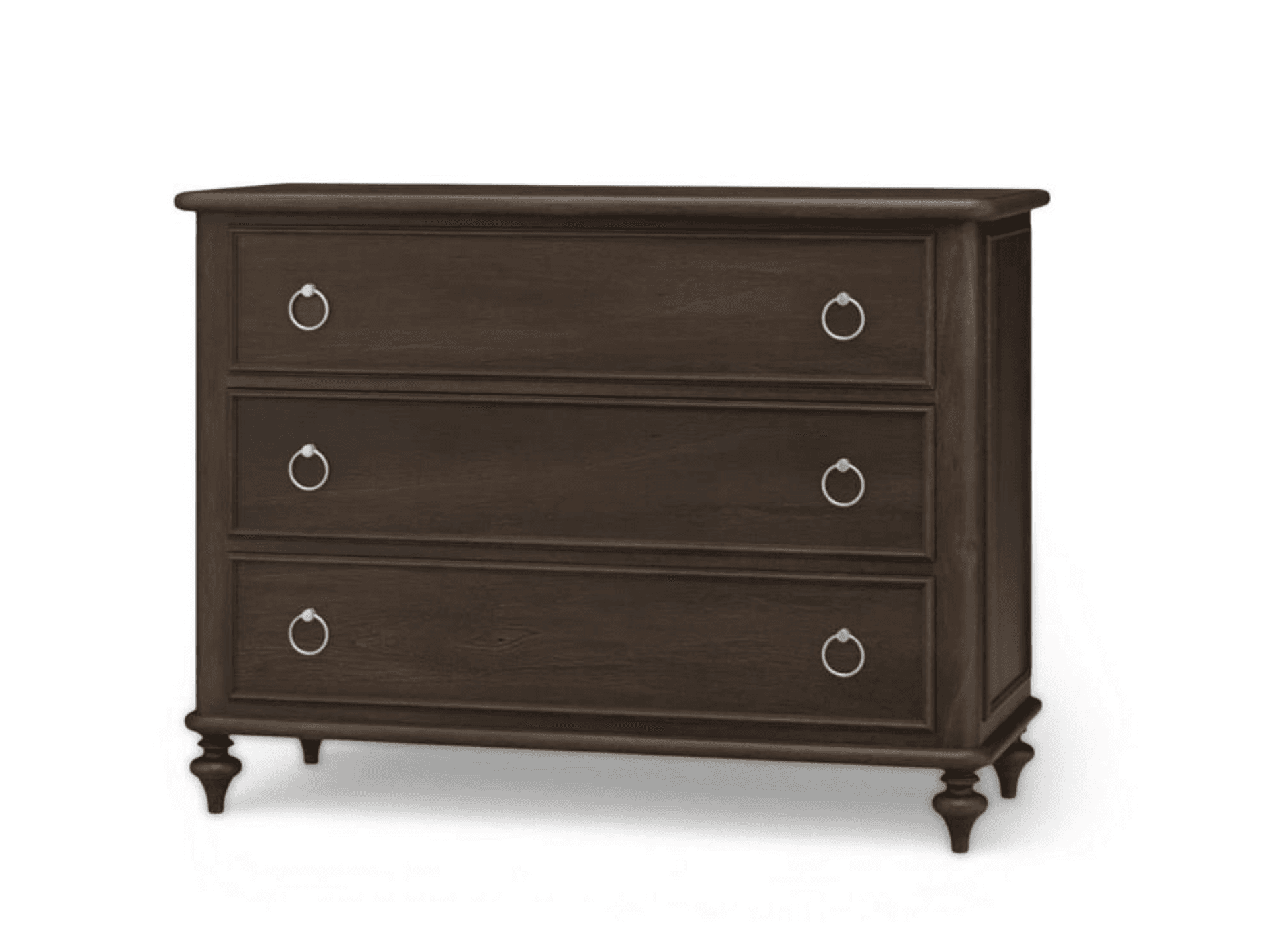 A dark brown wooden chest of drawers featuring three drawers, each adorned with a circular brass-toned pull handle. The piece has a classic design with a slightly curved top edge and decorative molding around the drawer fronts. It stands on four turned legs. — 3D model