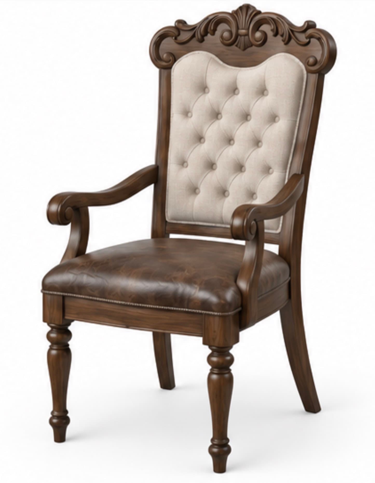 A single traditional dining armchair featuring a dark-stained carved wooden frame, a button-tufted light-colored fabric backrest, and a brown distressed leather seat with decorative nailhead trim. The chair exhibits ornate detailing on the crest rail, scrolled arms, and turned front legs. — 3D model