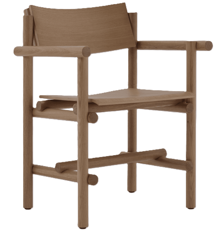 A wooden armchair with a minimalist design, featuring a slatted seat and backrest, and cylindrical armrests. The structure is composed of light-colored wood elements joined together, with a visible grain pattern. The chair has four legs and a supportive frame. — 3D model