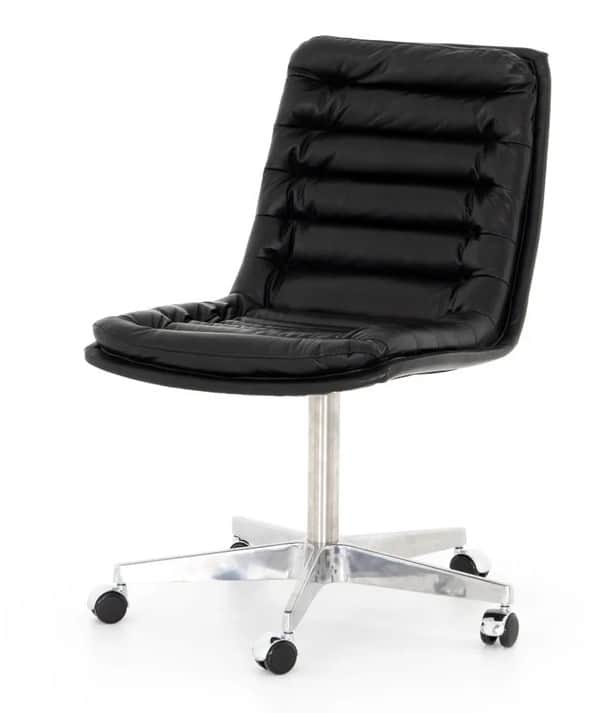 A modern office chair featuring black ribbed leather upholstery on a polished metal swivel base with… — 3D model