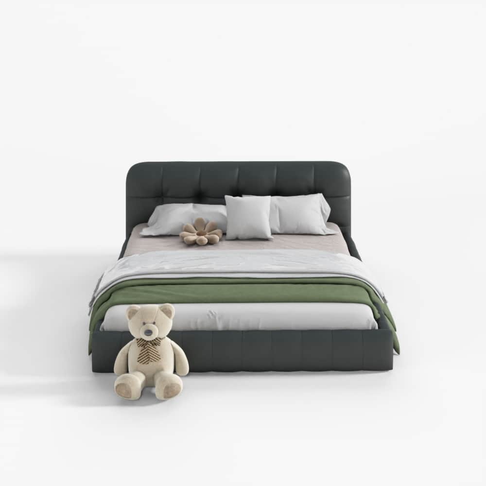 A contemporary upholstered platform bed with a dark grey finish. The bed features a plush, channel-t… — 3D model