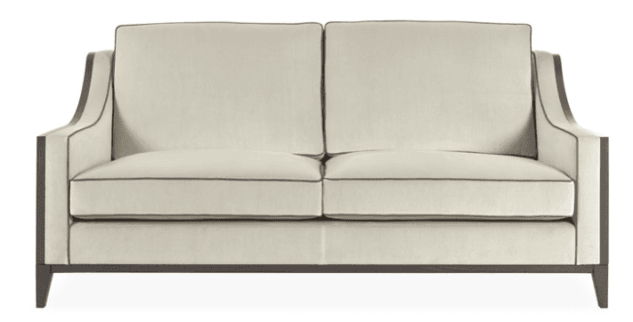 A contemporary two-seater loveseat featuring a prominent exposed dark wood frame and light-colored f… — 3D model