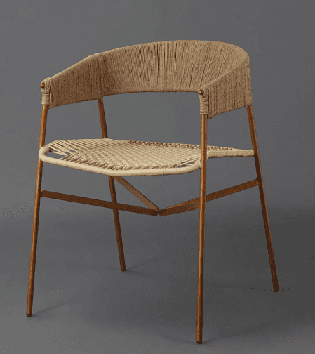 A modern armchair with a distinctive design, featuring a curved backrest and seat made of woven rope… — free OBJ 3D model