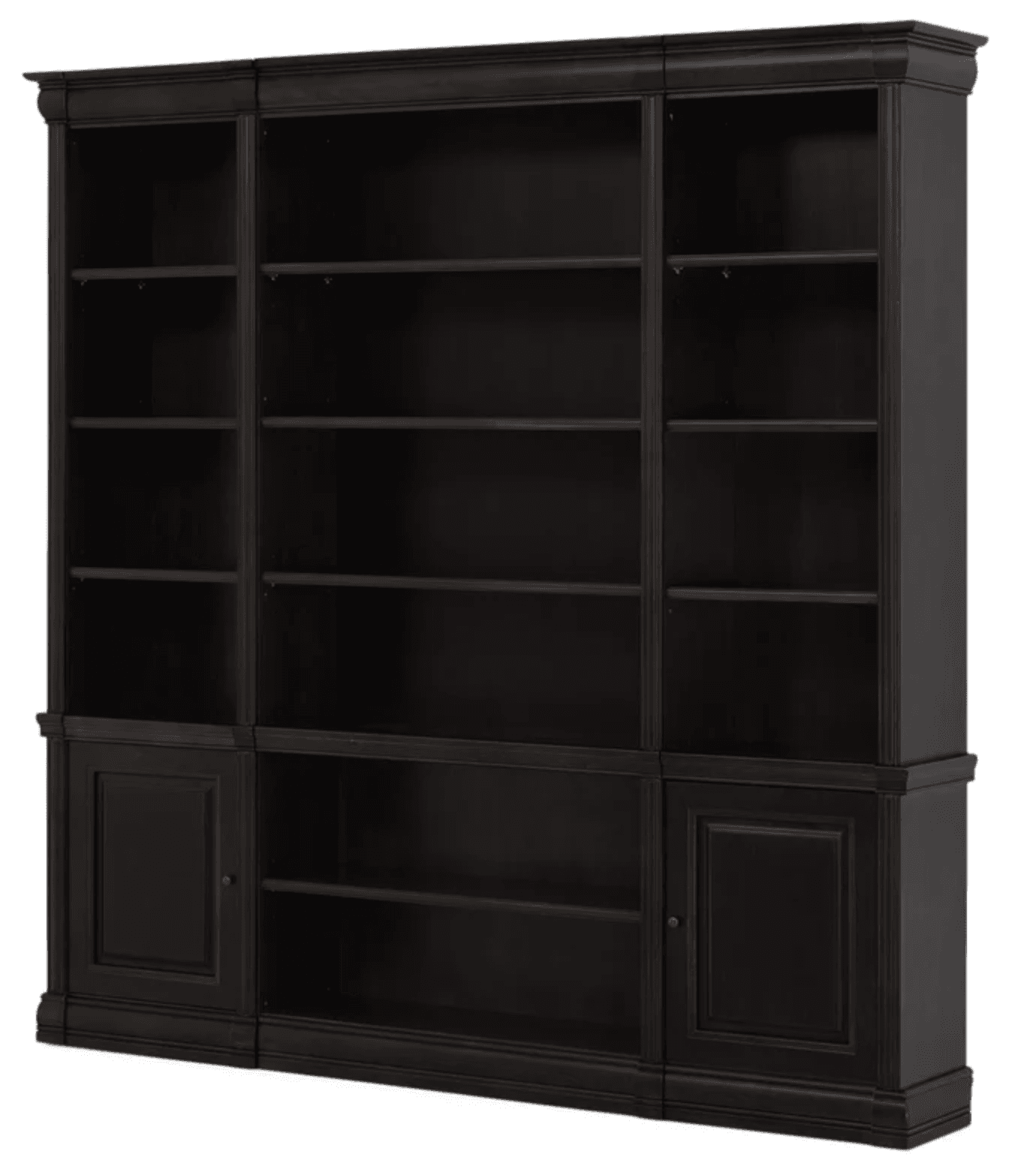A tall, multi-section bookcase with a dark finish. The bookcase features an upper section with multiple open shelves divided into three vertical bays. The lower section consists of two cabinets on the outer sides and open shelving in the middle bay. It has a decorative molding along the top and a plinth base. The overall design suggests a traditional or classic style. — 3D model