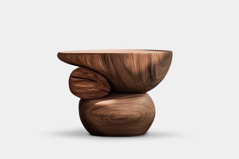 A sculptural end table crafted from wood, featuring an organic, stacked design. The base is a rounded, bulbous form, topped by a larger, hollowed-out shape that supports a flat surface. An additional rounded element is nestled between the base and the top, adding to the piece's unique, biomorphic aesthetic. The wood grain is prominently displayed, enhancing the natural texture and character of the material. — 3D model