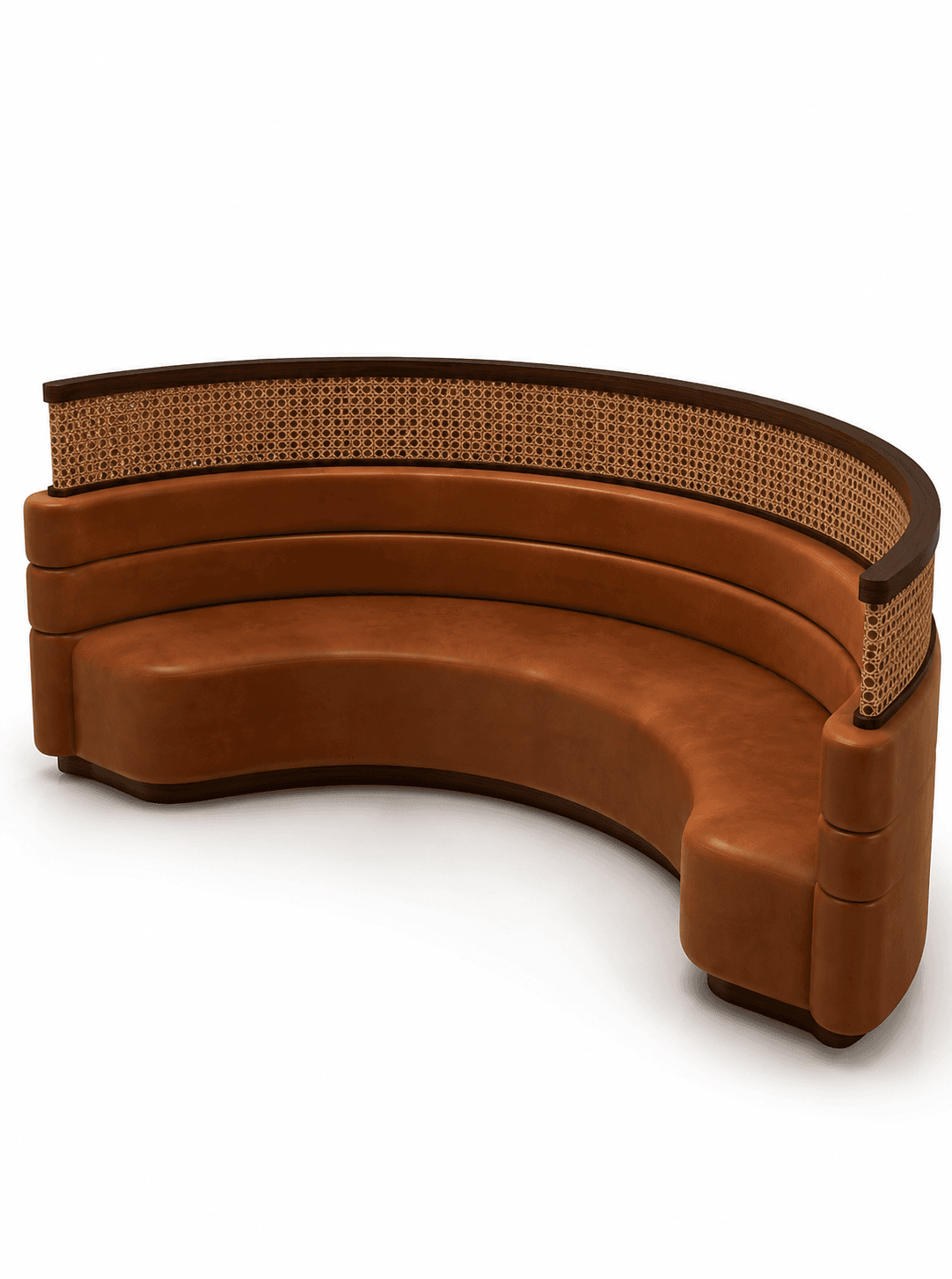 A semi-circular banquette sofa upholstered in cognac-colored leather or faux leather, featuring horizontal channel tufting. The backrest is framed by dark wood and incorporates a wide panel of cane webbing. The base also has a dark wood trim, completing a sophisticated and elegant design. — 3D model