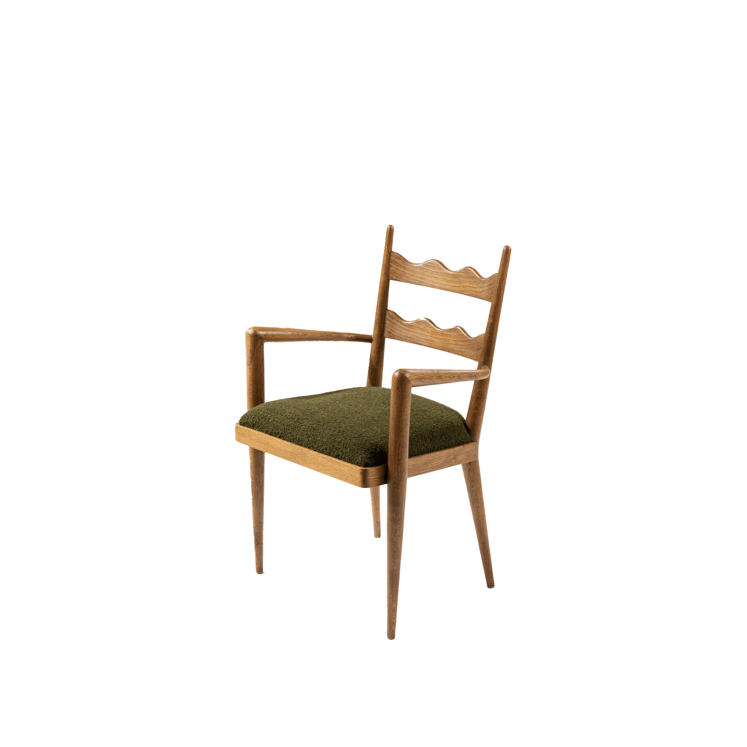 A wooden armchair with a green upholstered seat and a distinctive scalloped backrest. The chair features gently tapered legs and armrests, with the wood grain prominently visible. The backrest has a unique wave-like pattern across its width. — 3D model