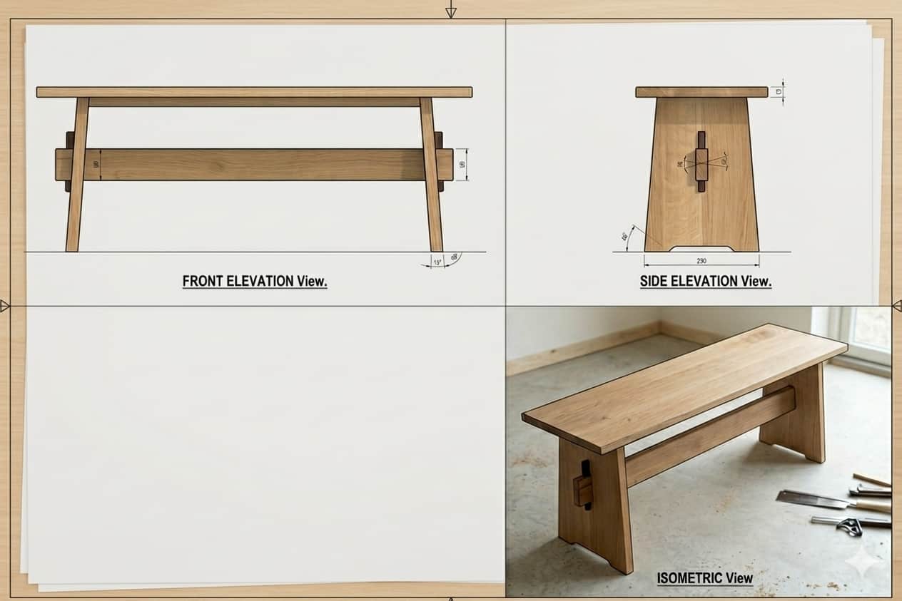 A minimalist solid oak wood bench featuring a thick rectangular seat and two sturdy plank legs conne… — 3D model