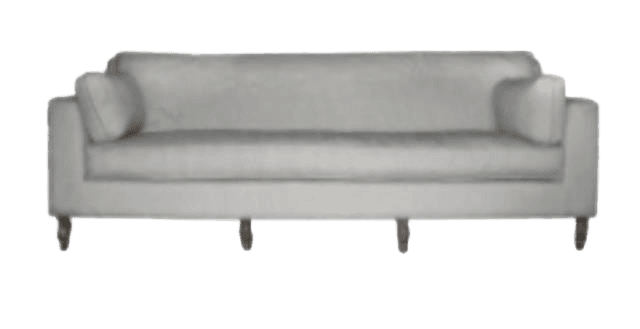 A light gray sofa with a straight back and low arms. It has a single seat cushion and three visible legs that appear to be dark wood. A single throw pillow is visible on the left side. — 3D model