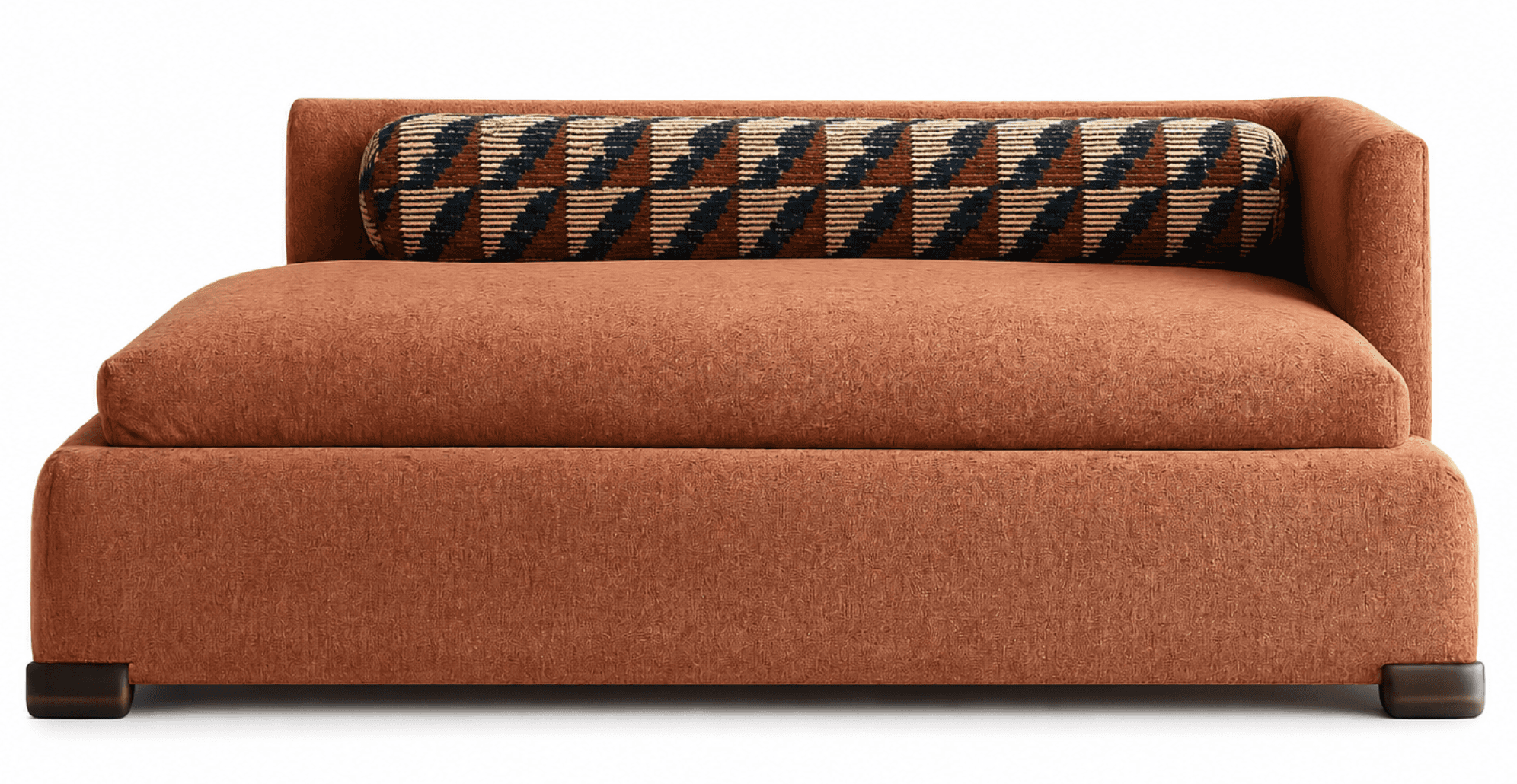 A modern sectional sofa piece with a textured, rust-colored upholstery. It features a low profile an… — free GLTF 3D model