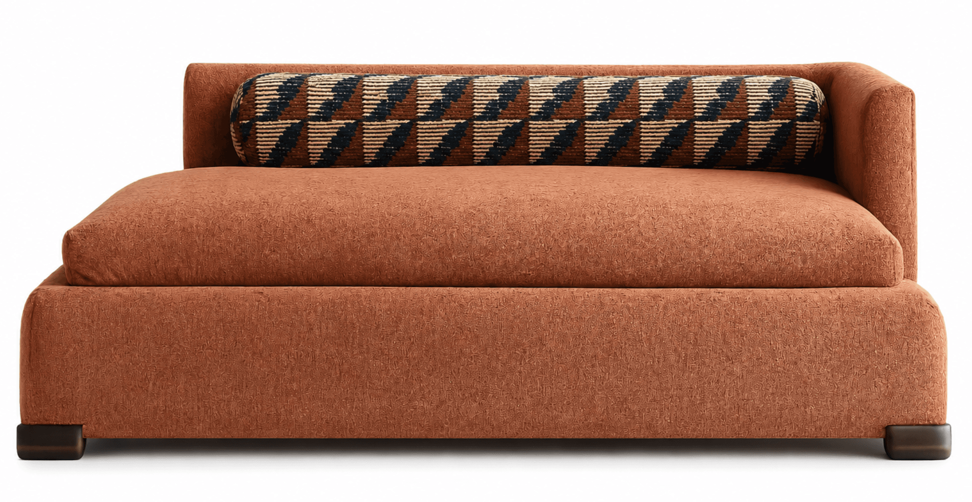 A modern sectional sofa piece with a textured, rust-colored upholstery. It features a low profile and a backrest that extends partially around the side. A cylindrical bolster pillow with a geometric pattern in black, brown, and tan is placed against the backrest. The piece has dark, minimalist feet. — 3D model