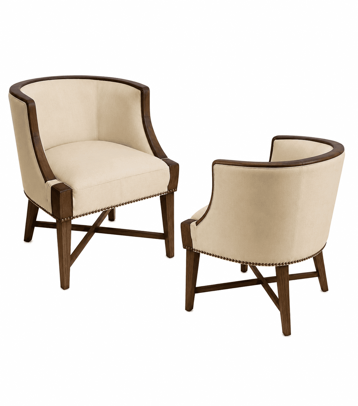 A cream-colored armchair with a curved back and wooden frame. The frame is dark brown and appears to be made of solid wood, with curved arms that transition into the backrest. The upholstery is a neutral cream fabric, tufted or gathered around the seat and back. Decorative nailhead trim runs along the base of the seat and the outer edges of the arms. The legs are dark brown wood, tapering slightly, with an X-shaped stretcher connecting the front legs. — 3D model