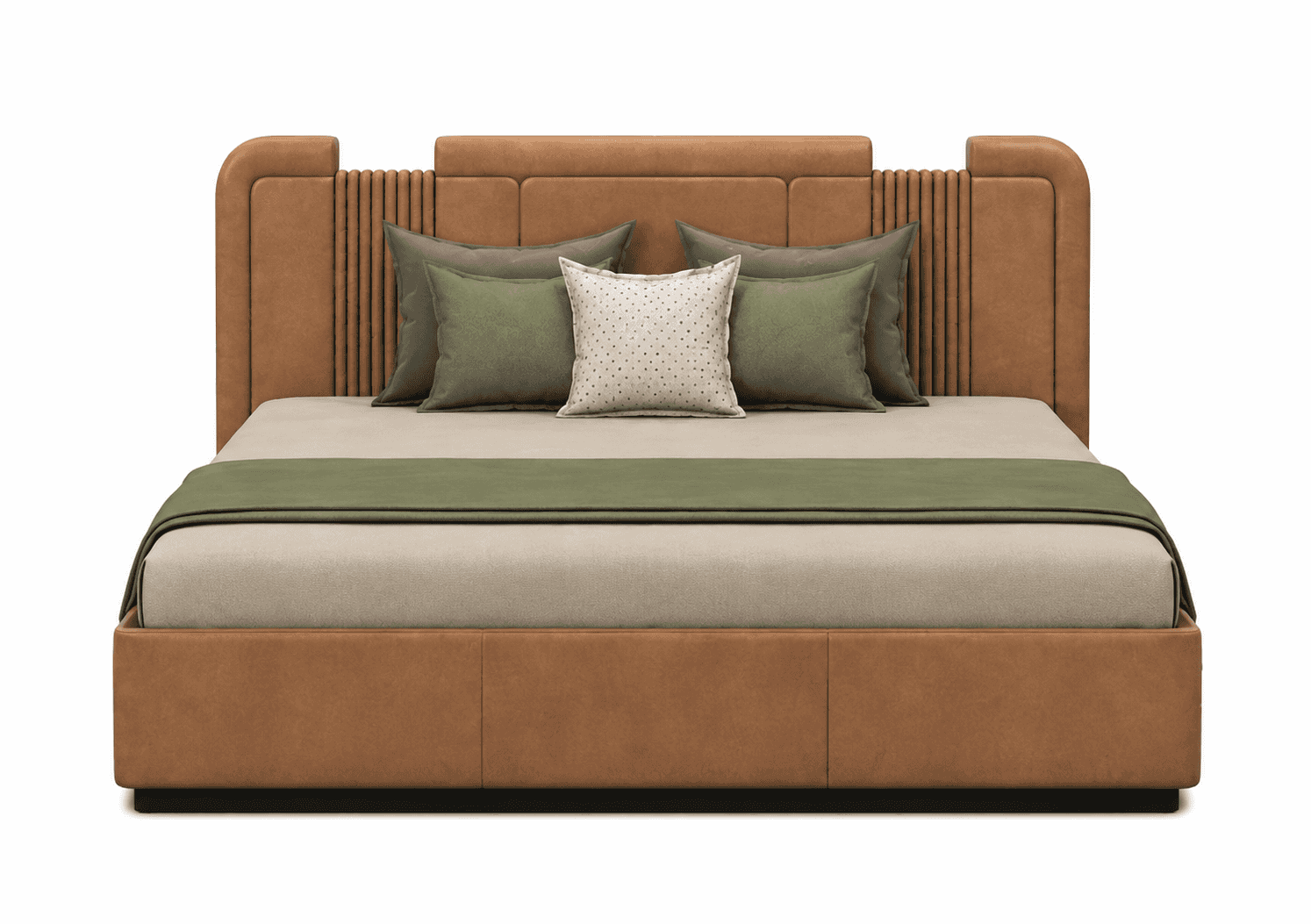 A modern platform bed featuring a distinctive upholstered headboard and matching low-profile frame.… — 3D model