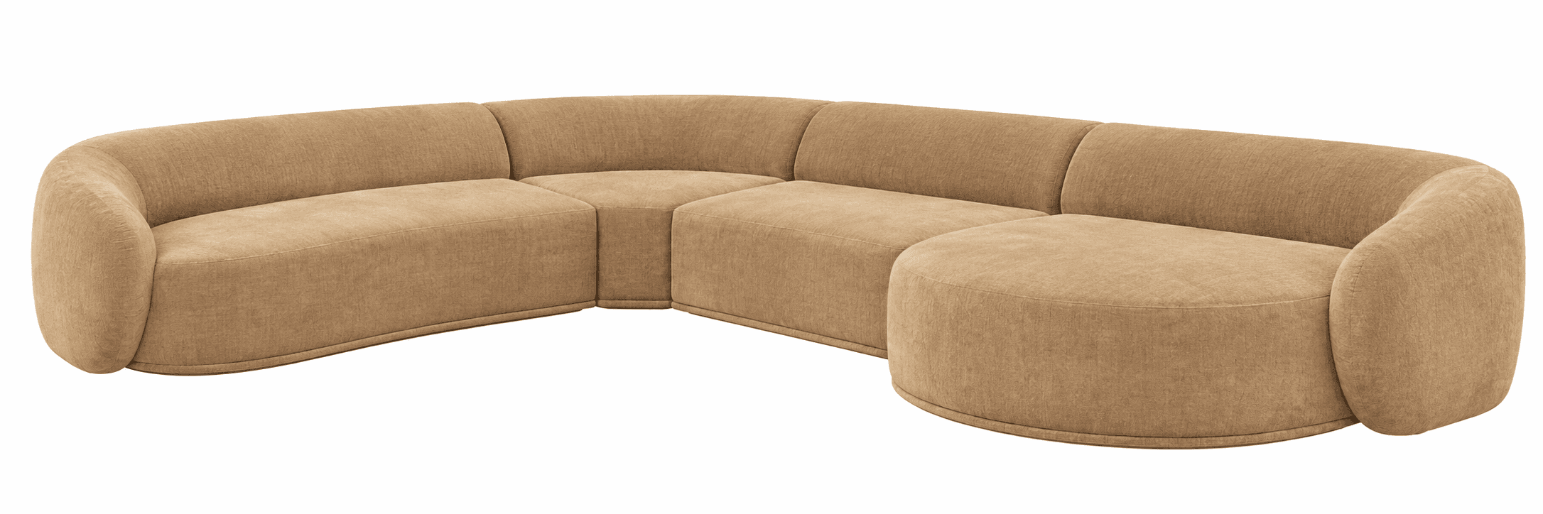 A contemporary, modular sectional sofa featuring an L-shaped configuration with soft, rounded contours and no sharp edges. The piece is upholstered in a textured, light brown or tan fabric, giving it a modern and inviting appearance. It consists of multiple sections, including a curved corner piece and an integrated rounded end piece resembling a chaise or ottoman, all resting on a low-profile base. — 3D model