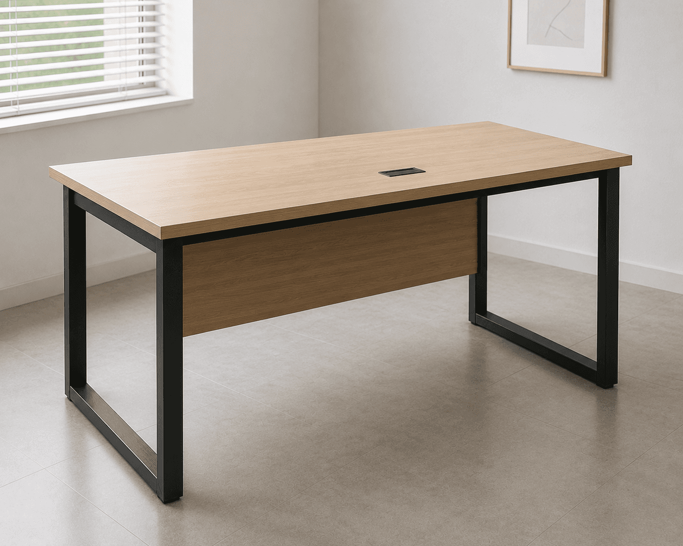 A modern rectangular office desk featuring a light wood grain laminate top, a black powder-coated st… — 3D model