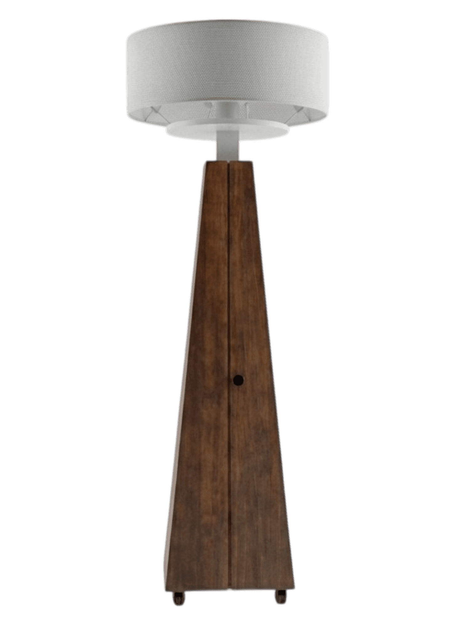 A floor lamp with a distinctive pyramid-shaped base made of wood. The base features two wooden doors with a small black knob, suggesting storage or access within. The lamp has a white cylindrical lampshade with a textured surface. The base is supported by small black casters, indicating mobility. — 3D model
