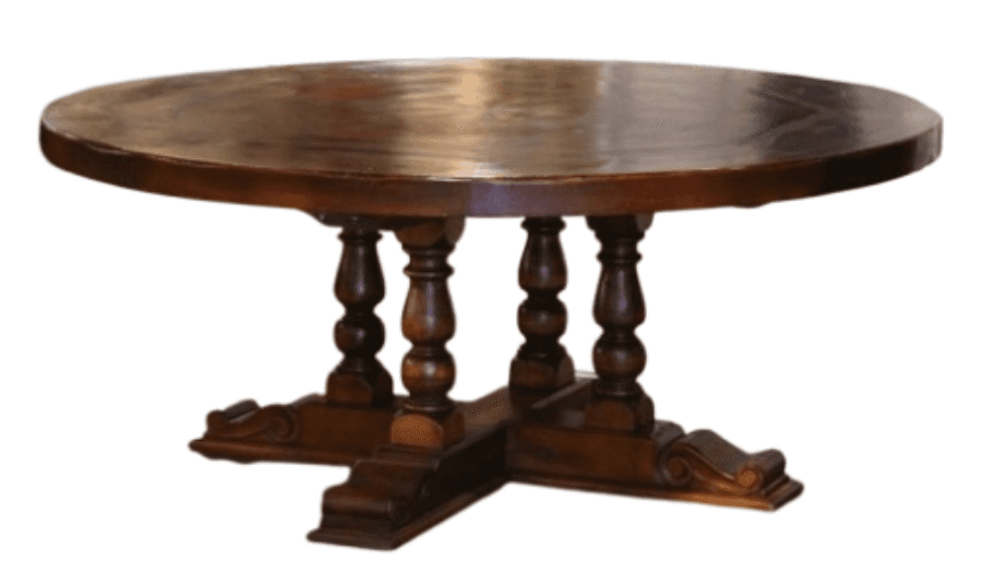 A round, dark wood dining table with a pedestal base. The base features four carved turned legs supp… — 3D model
