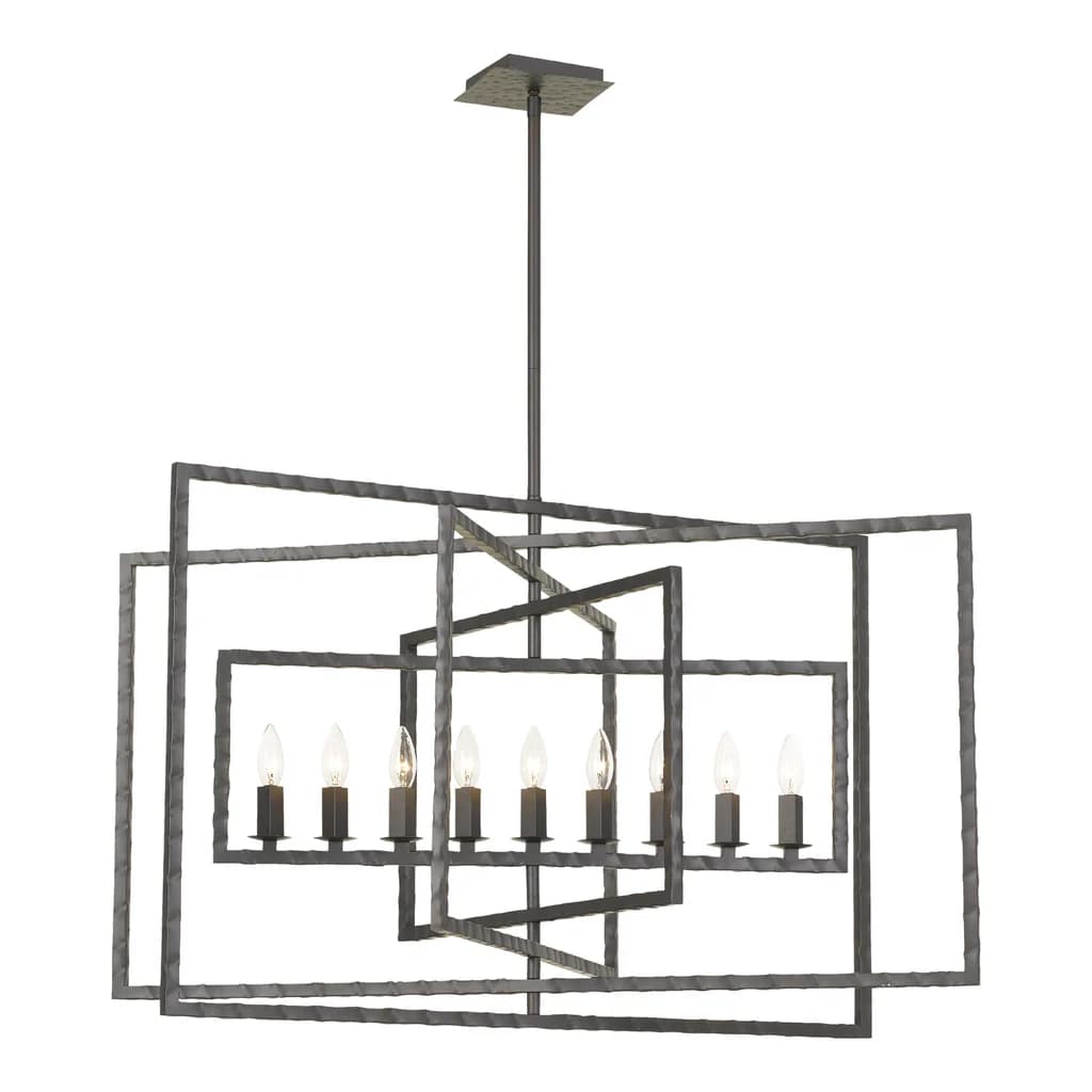 A modern chandelier featuring a multi-layered geometric design composed of nested rectangular frames. The frame is constructed from dark, hammered metal, giving it a textural, industrial appearance. Eight candelabra-style bulbs are positioned within the inner frame, providing ambient light. The fixture is suspended from a ceiling canopy by a rigid downrod. — 3D model