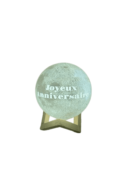 A spherical lamp designed to resemble the moon's surface, illuminated from within, resting on a mini… — 3D model