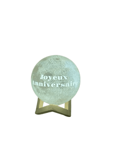 A spherical lamp designed to resemble the moon's surface, illuminated from within, resting on a minimalist wooden stand. The surface features detailed craters and textures characteristic of the moon. — 3D model