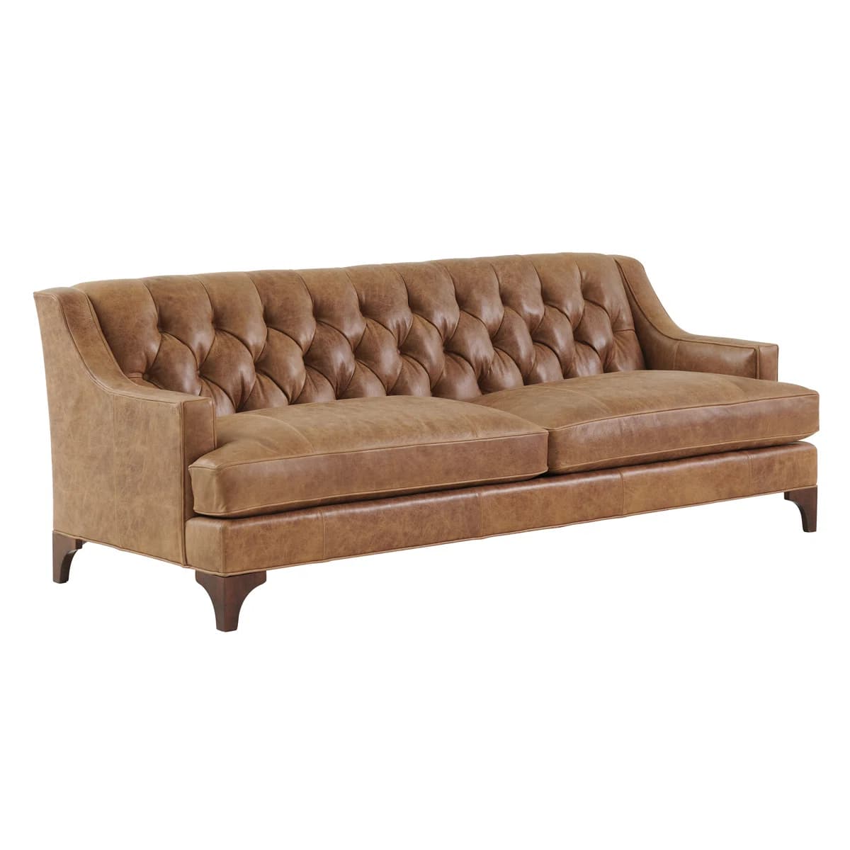 A tufted leather sofa with a camel brown finish. The sofa features rolled arms, a high back with deep button tufting, and a skirted base with tapered wooden legs. — 3D model