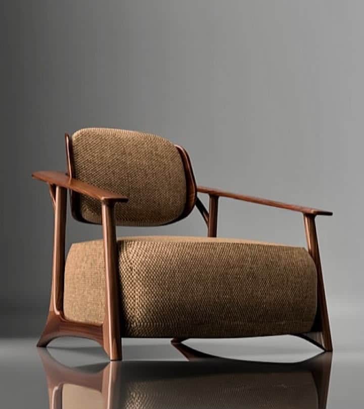 An armchair featuring a distinctly shaped wooden frame and upholstered cushions. The wooden elements… — free OBJ 3D model