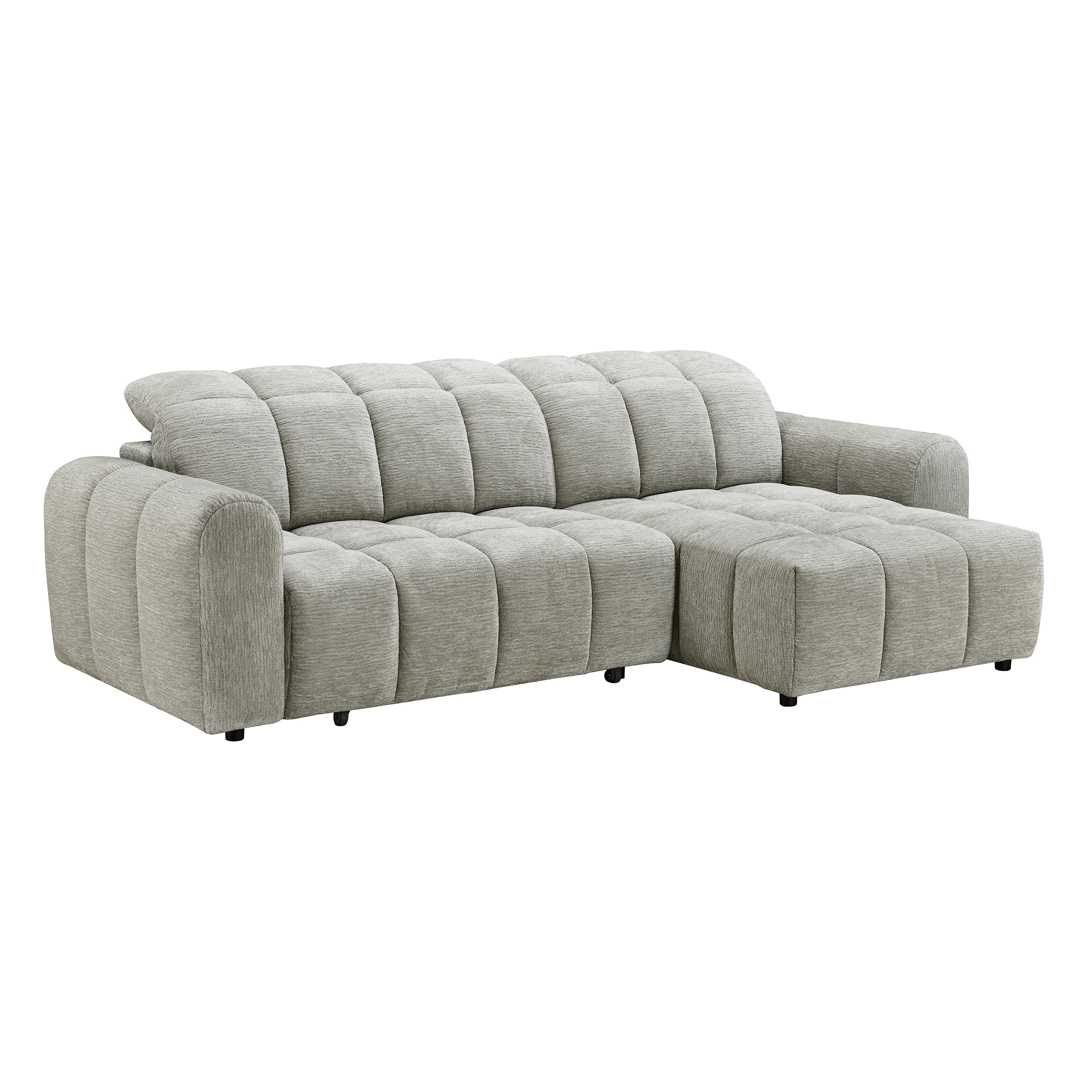 A contemporary L-shaped sectional sofa upholstered in a light gray textured fabric, featuring distinctive channel tufting across all surfaces, including the backrest, seat cushions, and armrests. It includes an integrated chaise lounge on the right side when viewed from the front. — 3D model