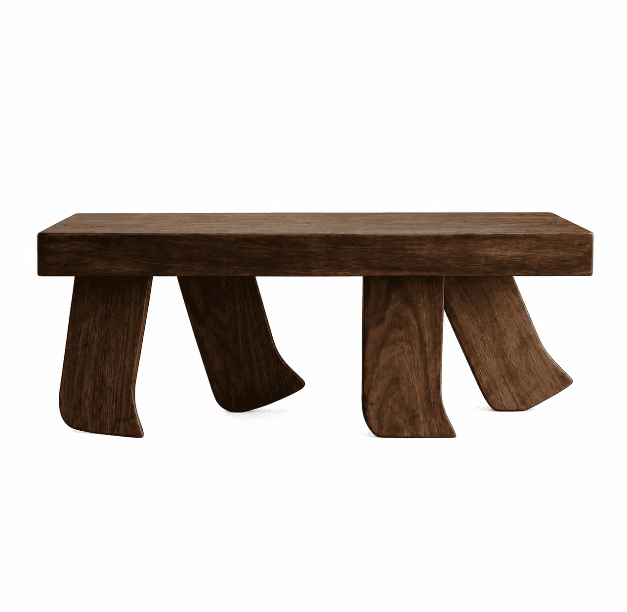 A low, rectangular coffee table with a solid, dark wood top and four uniquely shaped legs. The legs… — 3D model