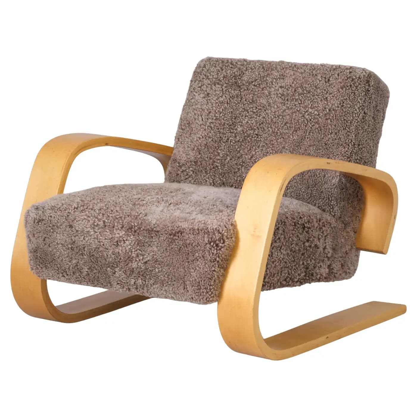 A Scandinavian Modern style lounge chair featuring a light-toned bent plywood frame and plush, shaggy sheepskin upholstery in a brown-taupe color. The frame forms a continuous, sculptural line for the armrests and base, creating a distinctive profile. — 3D model