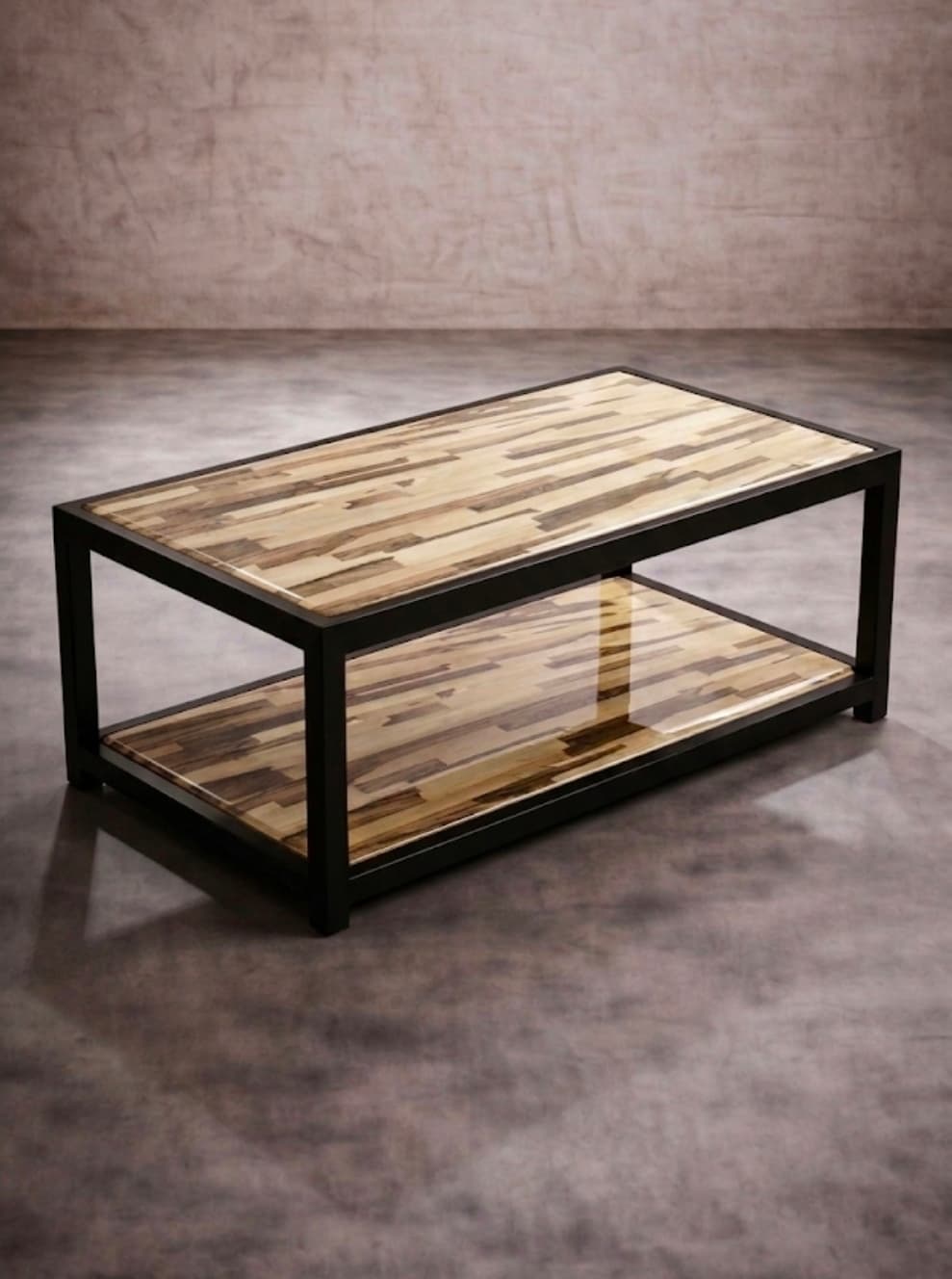 A rectangular coffee table featuring a two-tiered design. The frame is constructed from black metal, forming a sturdy, open structure. Both the top surface and the lower shelf are made from wood arranged in a mosaic pattern, showcasing various shades of light to medium brown wood pieces. The wood surfaces appear to have a glossy, possibly resin or glass, protective finish, reflecting light. The overall aesthetic is modern industrial with natural elements. — 3D model