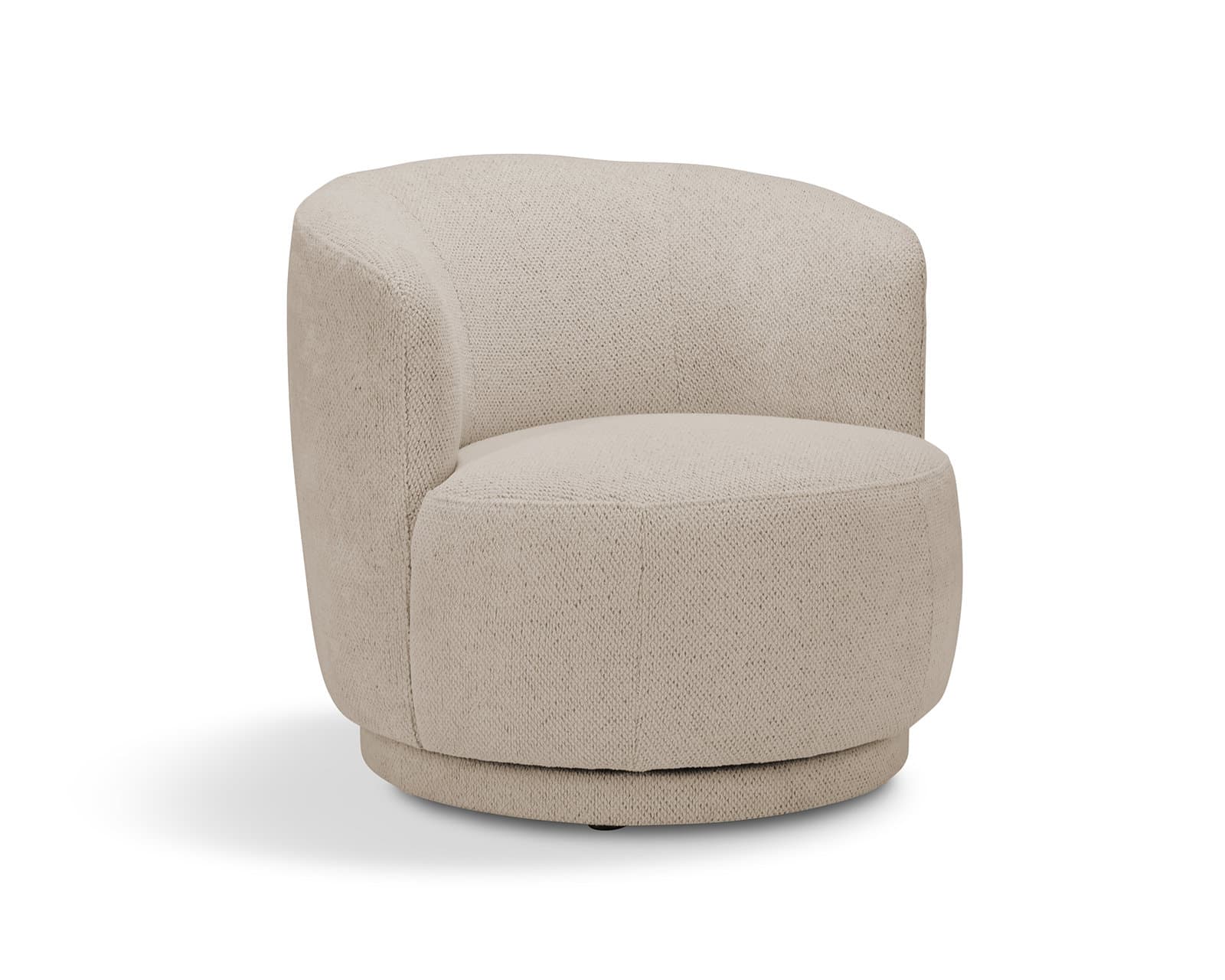 A modern, upholstered armchair with a rounded silhouette and a swivel base. The chair features a low back that curves to form the armrests, creating a cohesive, enclosed seating area. The upholstery has a textured, woven appearance. — 3D model