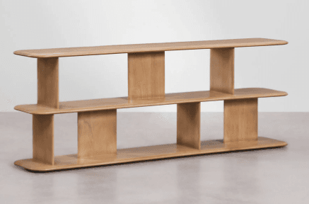 A low, horizontally oriented bookshelf or console featuring two tiers of shelving. The structure is composed of three horizontal shelves and four vertical supports, arranged in an alternating offset pattern. The edges of the shelves are rounded, creating a softened aesthetic. The supports are wider at their base and taper slightly towards the top where they meet the shelf above, or in the case of the outer supports, the top shelf. — 3D model