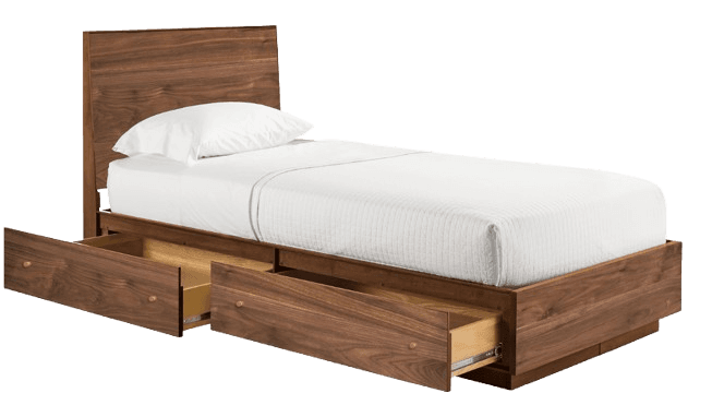 A twin-size wooden bed frame with an integrated headboard and multiple storage drawers. The bed has a low profile platform design with a solid wooden headboard that extends upwards. Two large drawers are visible underneath the platform on the visible side, equipped with metal drawer slides and simple wooden knobs. The visible material is a dark, warm-toned hardwood with a prominent grain pattern. The bed is shown with white bedding, including a pillow and a fitted sheet. — 3D model