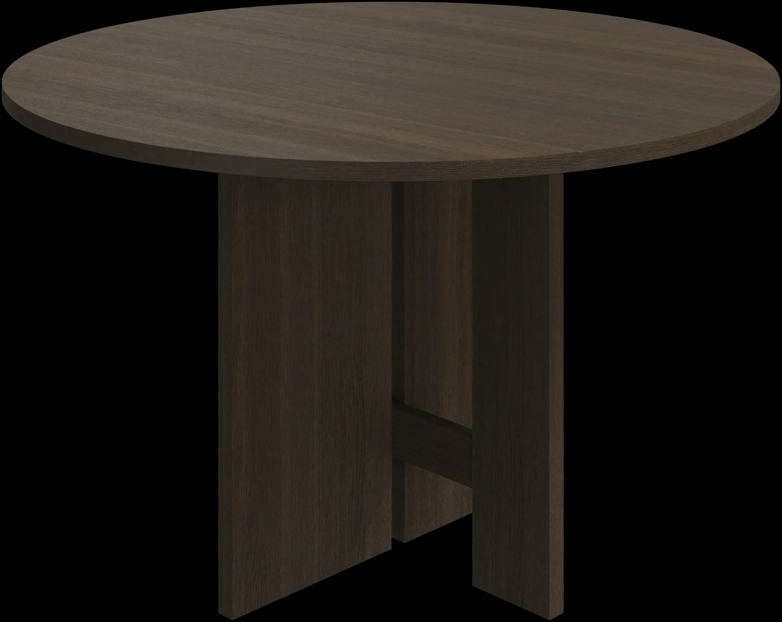 A circular table with a dark wood grain finish, featuring a solid panel-style base. — 3D model