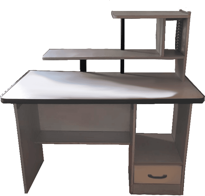 A modern computer desk featuring a rectangular work surface, an integrated hutch with multiple shelves, and a storage pedestal with one drawer and an open cubby. — 3D model
