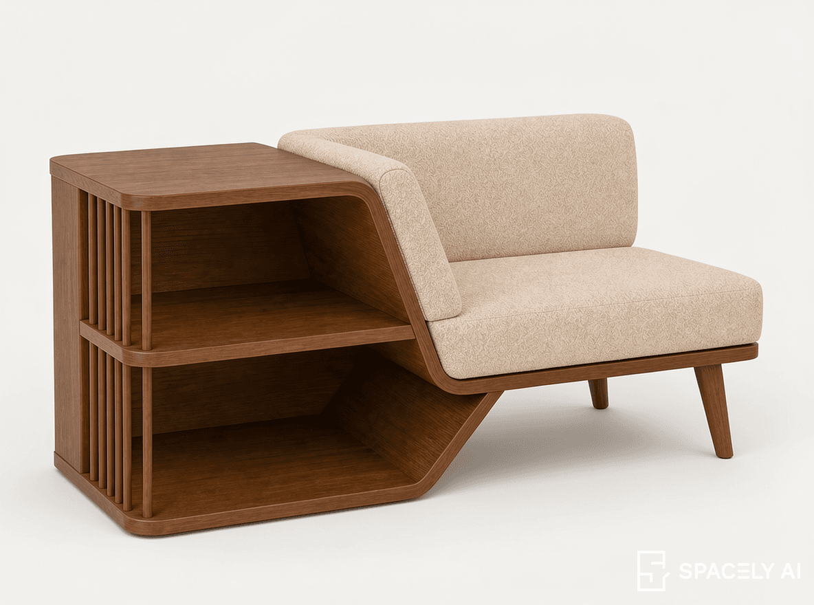 A modern, integrated furniture piece combining an upholstered lounge chair with a wooden shelving unit. The design features smooth curves and clean lines, with a beige fabric seat and back, and a warm-toned wooden frame and shelving. — 3D model