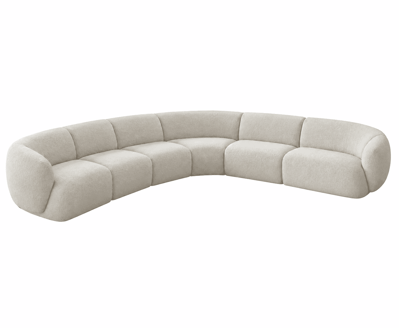 A large, curved sectional sofa upholstered in a light, textured boucle fabric. The sofa is composed… — 3D model