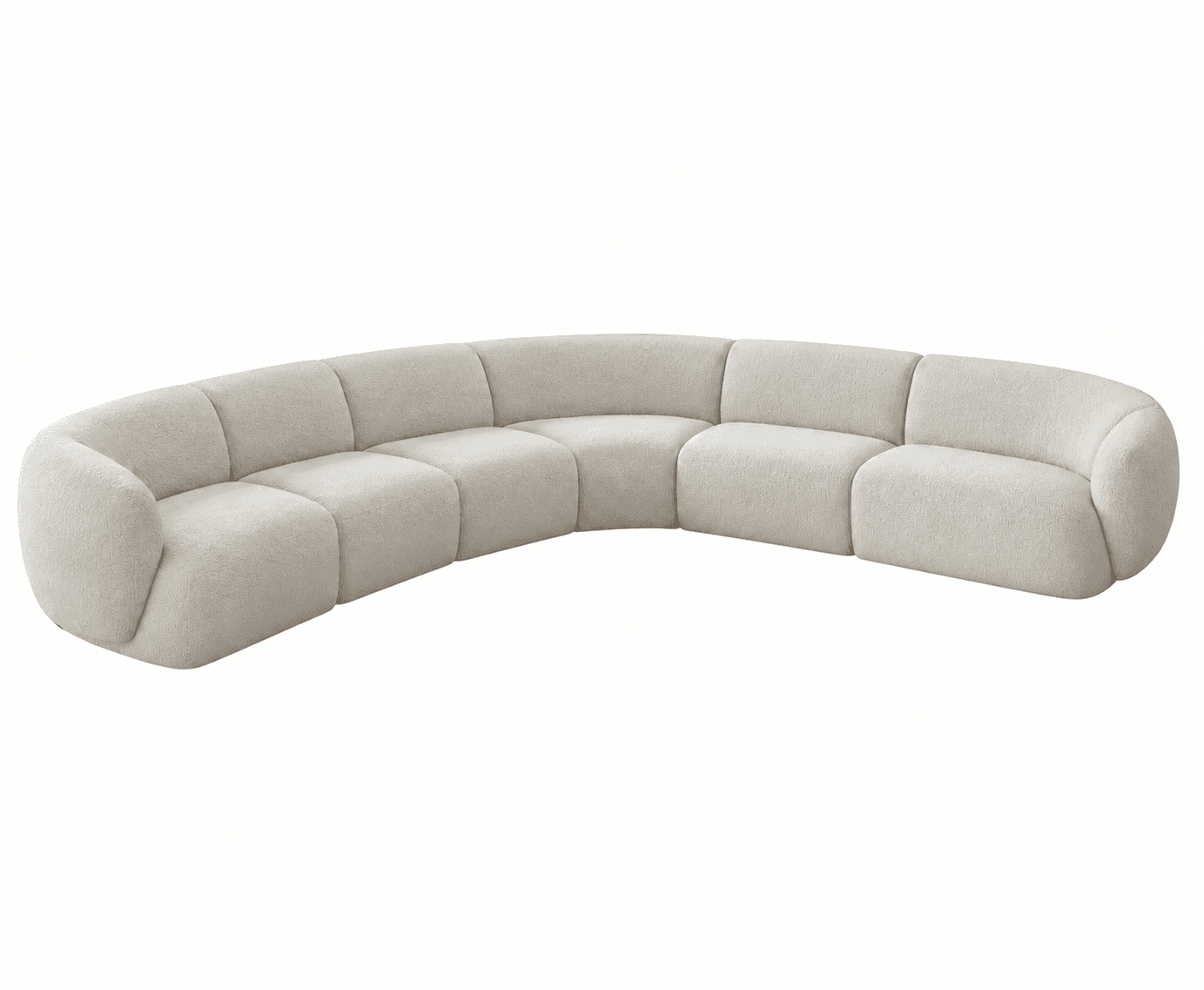 A large, curved sectional sofa upholstered in a light, textured boucle fabric. The sofa is composed of multiple modular segments that together form a sweeping arc. Each segment features a low-profile design with rounded edges and soft, plush cushioning. The overall aesthetic is contemporary and minimalist, emphasizing comfort and sculptural form. The color is an off-white or cream, contributing to its modern appeal. — 3D model