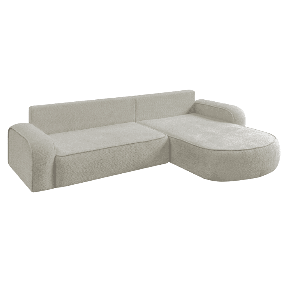 A light beige, modern sectional sofa featuring a right-hand facing chaise lounge and low-profile design. The sofa is upholstered in a textured boucle-like fabric, has rounded armrests, and appears to consist of two primary sections. — 3D model