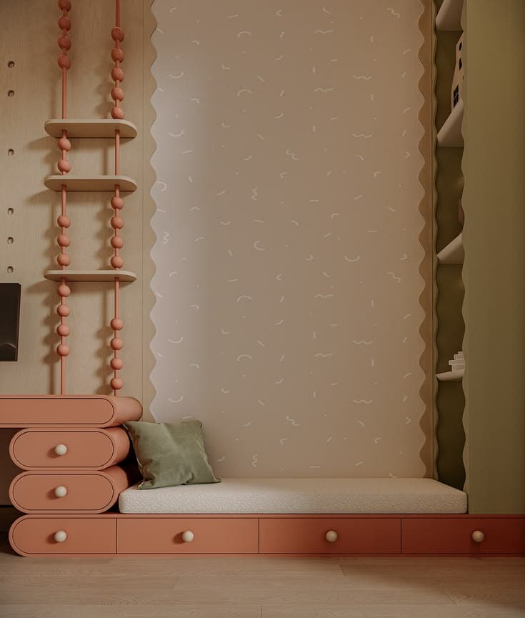 A modern daybed featuring a minimalist design, integrated storage drawers along its length, and a distinctive stacked, rounded headboard/armrest element, all finished in a warm terracotta color with a light beige mattress. — 3D model