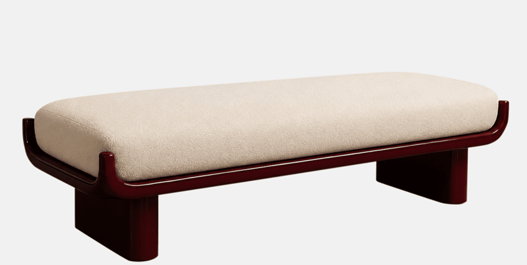 A modern bench featuring a rectangular, cream-colored upholstered cushion supported by a sleek, dark red lacquered wood frame. The frame has gently curved end supports that cradle the cushion, and it rests on integrated, block-style legs. — 3D model