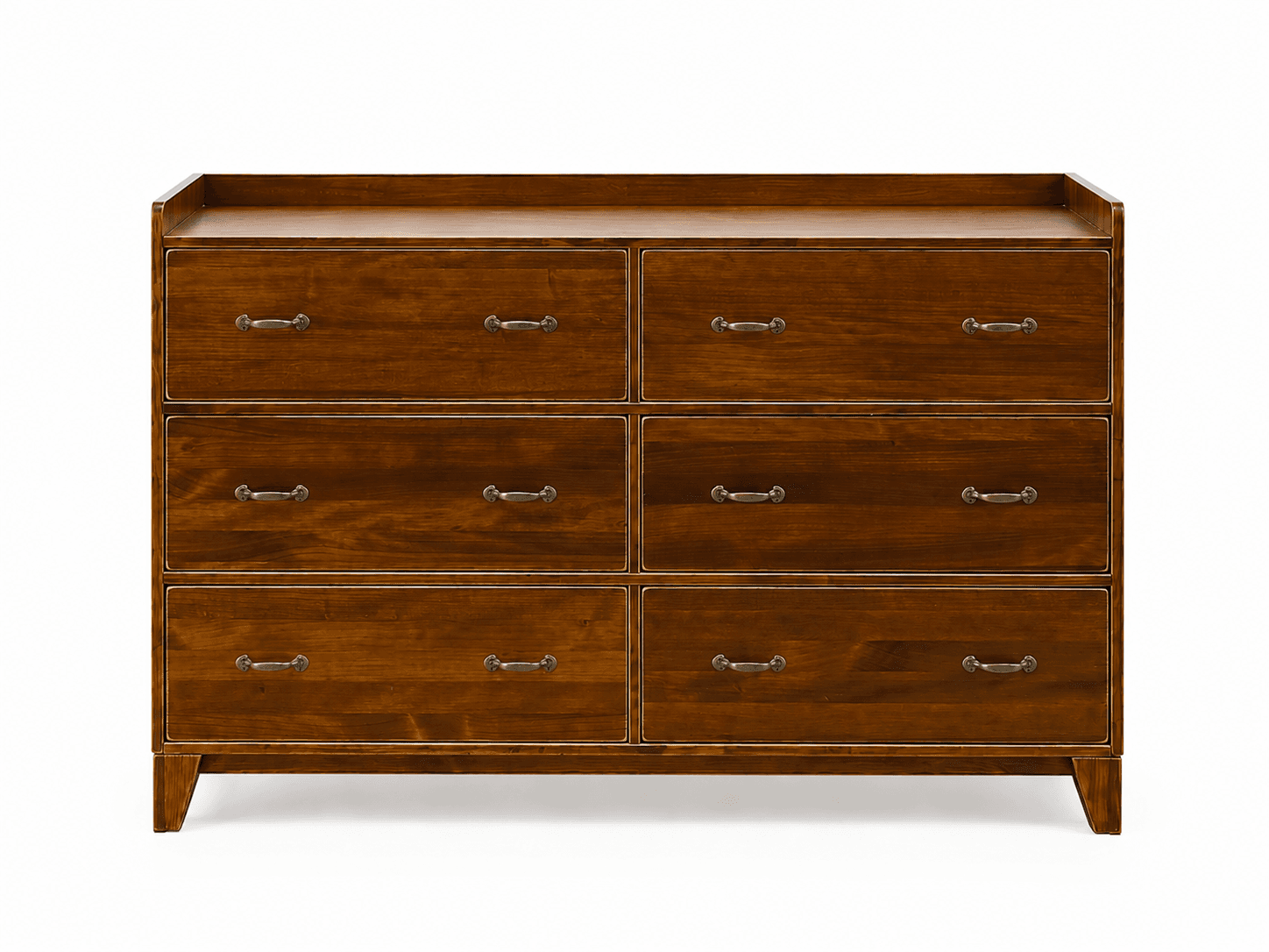 A dark wood chest of drawers featuring six spacious drawers, antique-style metal pulls, and a top surface with a subtle raised lip at the back and sides. — 3D model
